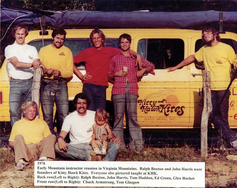 Facing page (back row, left-to-right): Kitty Hawk Kites’ co-founders Ralph Buxton and John Harris with instructors Tom Haddon, Ed Green and Glen Hocket.Front row: Mark Armstrong and Tom Glasgow with son. Photo by Judy Glasgow. 