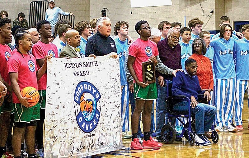 One of the most poignant moments of the 2024 Good Guys event involved a tribute to long-time eastern NC sportswriter Junious Smith III, who was diagnosed with a brain tumor in 2023. With players from Kinston High and FFHS surrounding him and his family, Smith was given a banner signed by all the players, and a new award for a player was presented in his honor. Sabra Dawson/FFHS Shorelines Yearbook