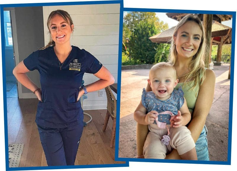 Left: Mya Murphy in her scrubs. Right: Mya and her daughter Addilyn. Photos courtesy of Mya Murphy. 