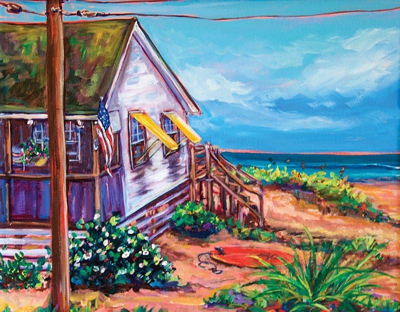 Reddawn’s painting of an old beach house on the dunes. The shutters are characteristic of the older houses on the Outer Banks.
