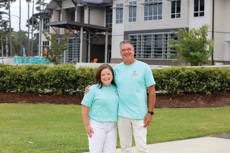 Dare Early College Principal, Kassie Mount and Steve Basnight, Superintendent of Dare County Schools share a proud moment after months of hard work in preparation for the first day of school. Photo courtesy of Dare County Schools.